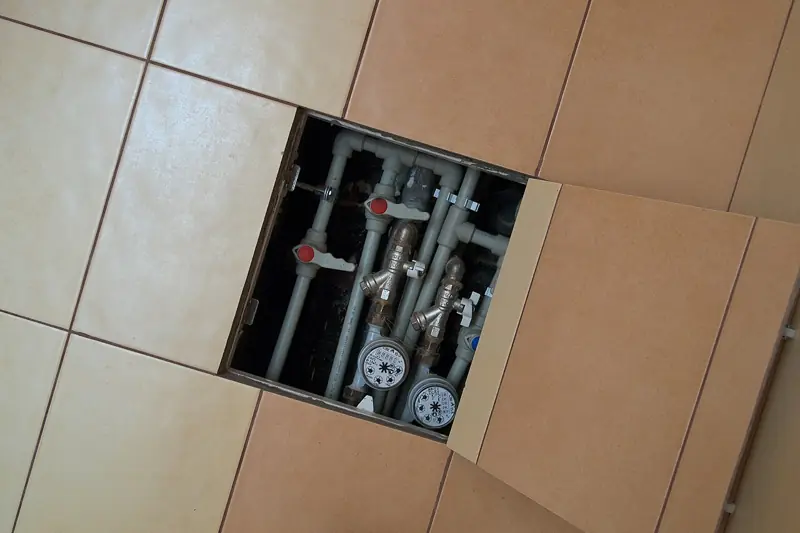 Hidrômetros individuais de água fria e quente em shaft de apartamento, com registros e filtros