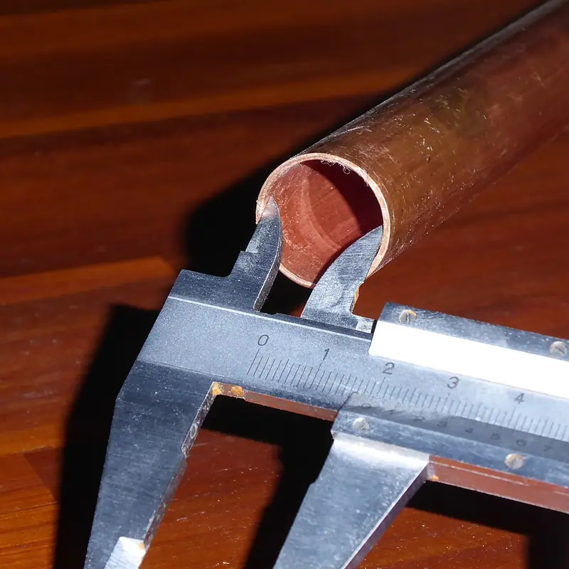 Tubo de cobre sendo medido com paquímetro